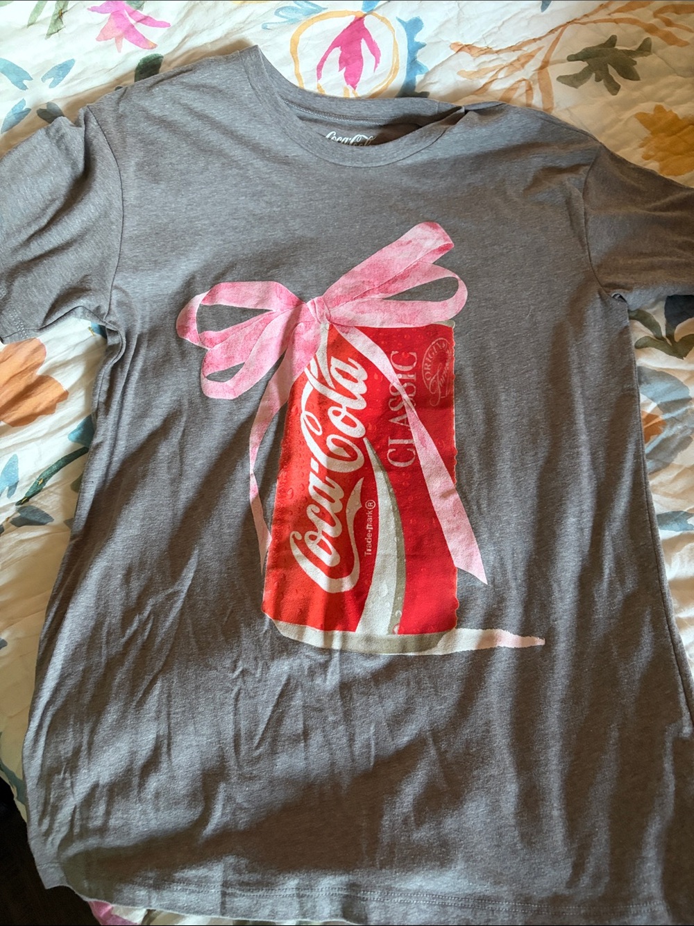 Coca Cola Gray Womens Tee with Red Can & Pink Bow